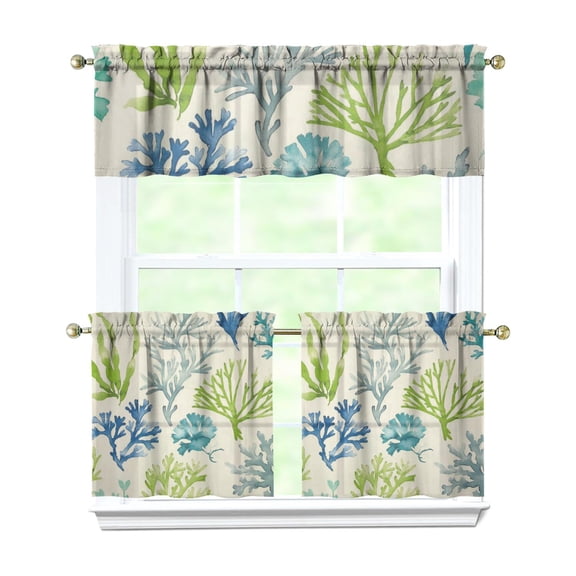 Beach Theme 3-Pack Kitchen Curtains - Seashell Coral Tier Panels with Valance 54x18+27.5x24 Inch, Nautical Semi-Sheer Rod Pocket Short Curtains for Small Windows