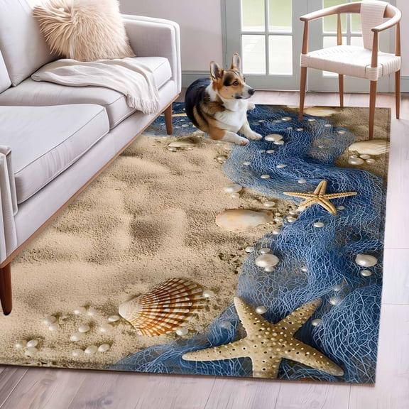 Beach Theme 4x6 Area Rugs for Living Room, Summer Seaside Sand Starfish Pearls Fishing Nets Non Slip Floor Mat Washable Low-Profile Indoor Carpet for Bedroom, Dining Room, Bathroom