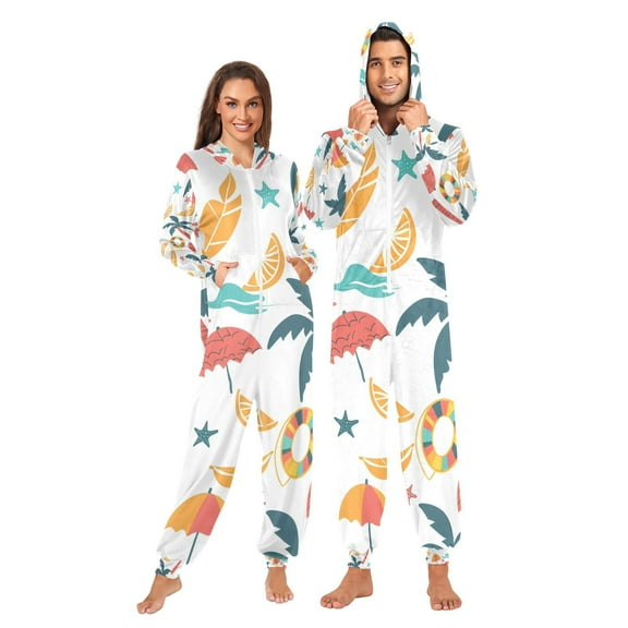 Beach Theme Adult Onesie Pajamas Slim Fit Christmas One Piece Suit Pjs for Women and Men Hooded Zipper