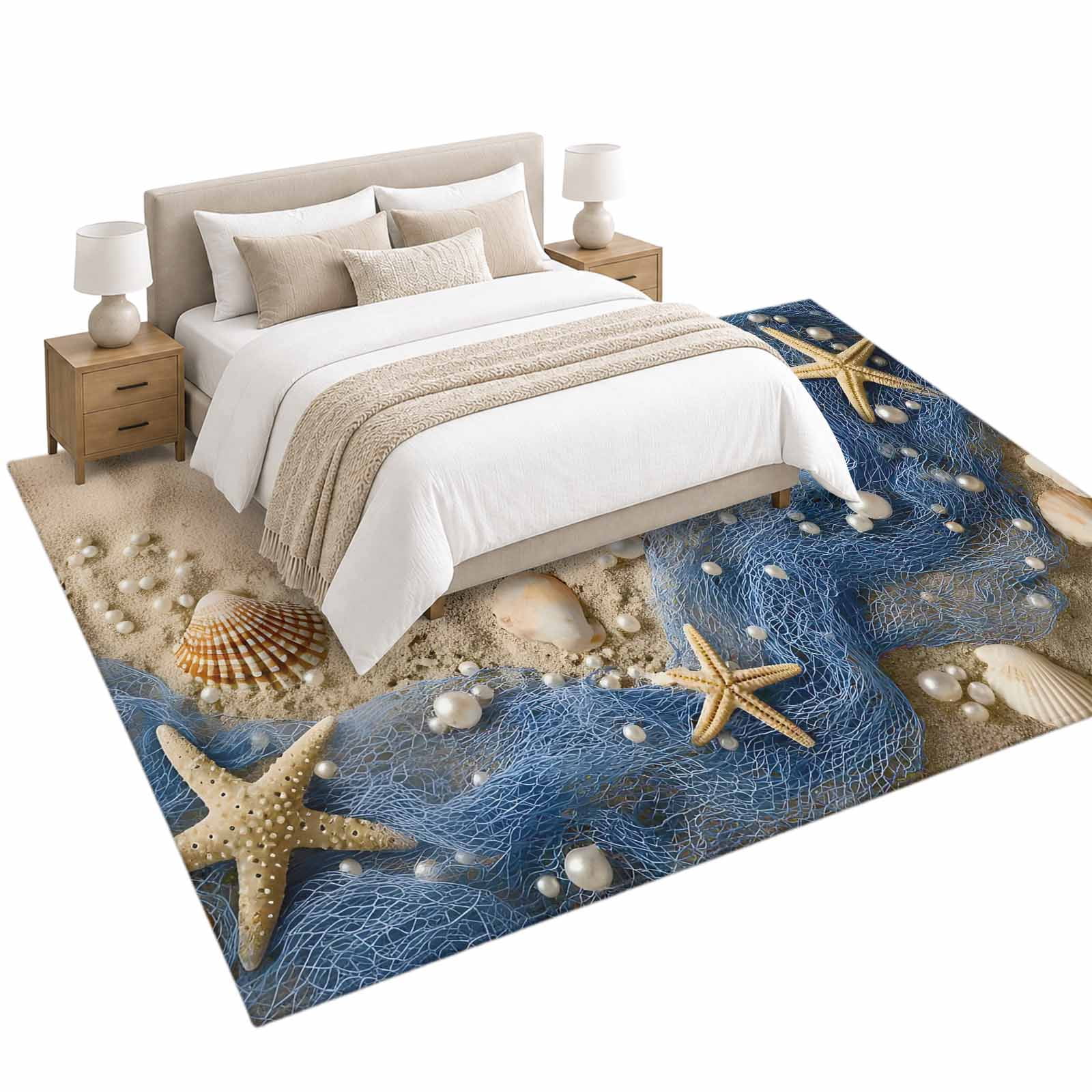 Beach Theme Area Rug 6'x9', Summer Seaside Sand Starfish Pearls Fishing ...