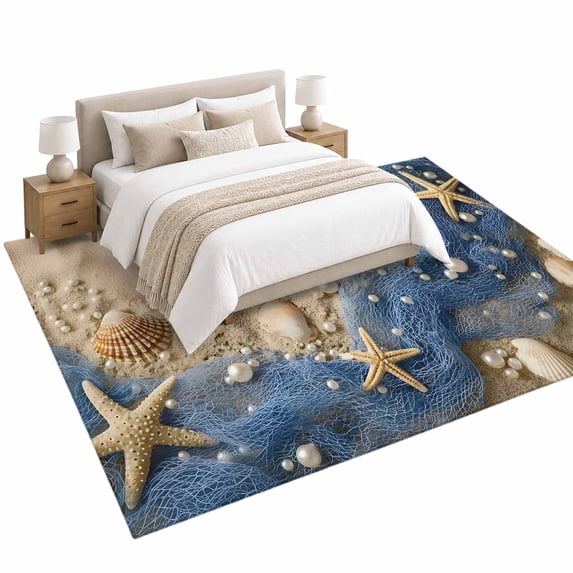 Beach Theme Area Rug 6'x9', Summer Seaside Sand Starfish Pearls Fishing ...
