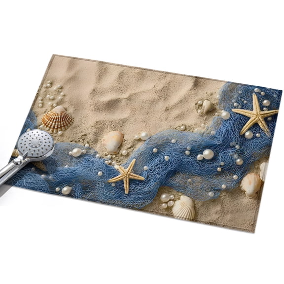 Beach Theme Area Rugs 2x3ft Summer Seaside Sand Starfish Pearls Fishing Nets Floor Rug Non Slip Low Pile Ultra Soft Throw Carpet for Entryway Indoor Entrance Kitchen Bathroom