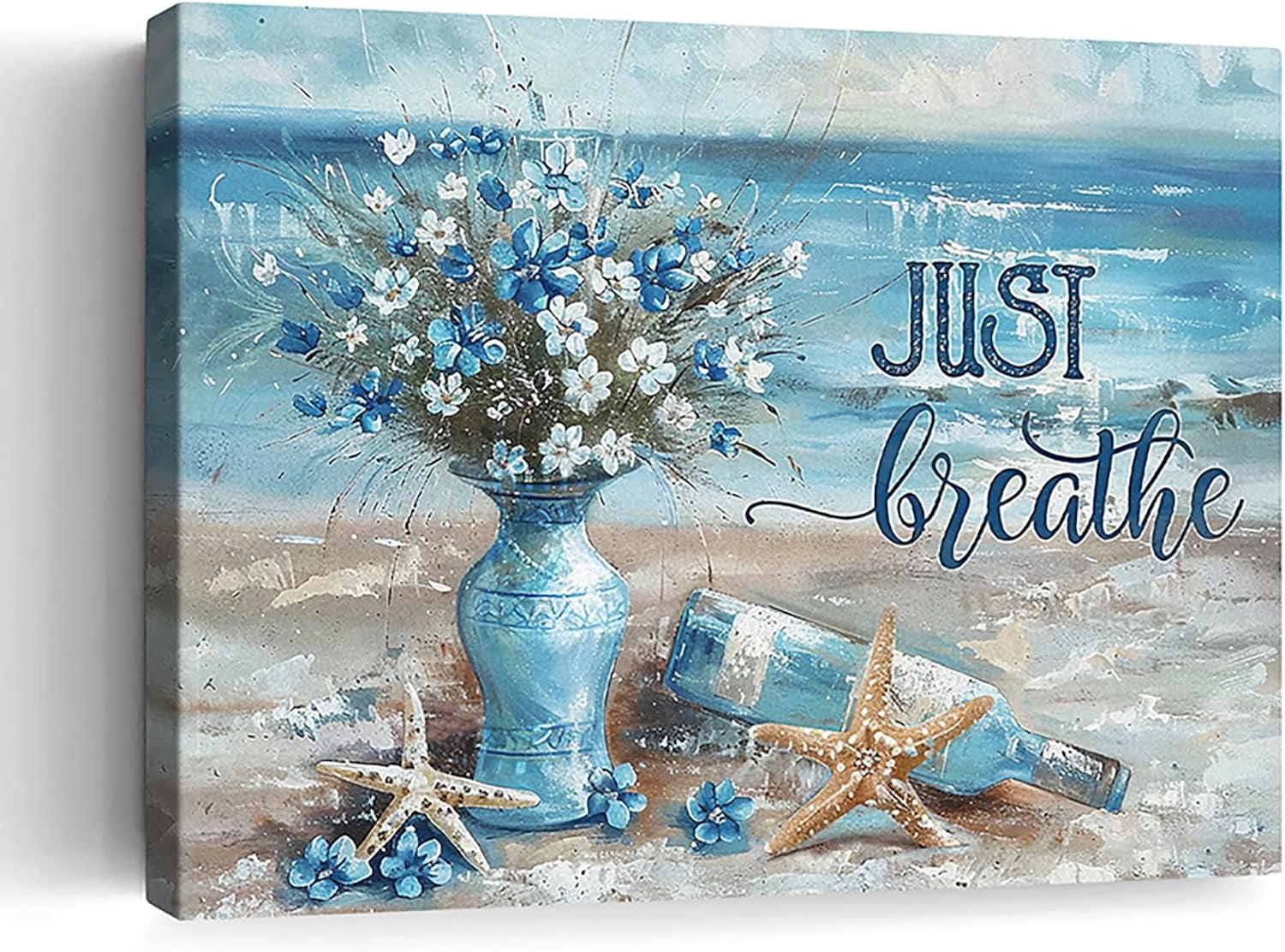 Beach Theme Bathroom Decor Floral Wall Art Ocean Blue Flower Pictures ...