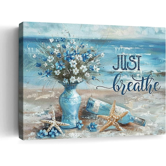 Beach Theme Bathroom Decor Floral Wall Art Ocean Blue Flower Pictures Canvas Wall Decor Modern Coastal Seascape Print Painting Framed Artwork for Bedroom Living Room Kitchen Office 12"x16"