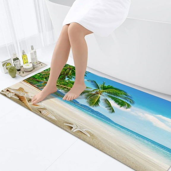 Beach Theme Bathroom Rugs, Ocean Beach Bathroom Rugs Seaside Costal Scenery Landscape Nautical Sea Scenic Sand Blue Sky Summer Bathroom Rug Mat 17X48inch, Absorbent Bath Rugs