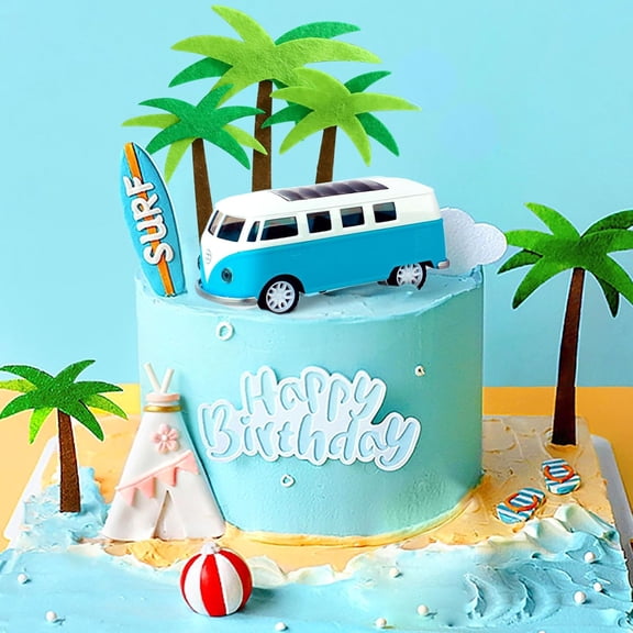 Beach Theme Cake Decoration Set - Includes Van, Palm Tree, and Surfboard Decorations