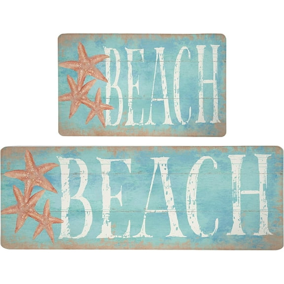 Beach Theme Coastal Kitchen Mats Rugs Set of 2 Anti Fatigue Kitchen Mats for Floor Cushioned Memory Foam Waterproof Non Slip Kitchen Rugs Comfort Standing Padded Mat for Sink Laundry, Teal