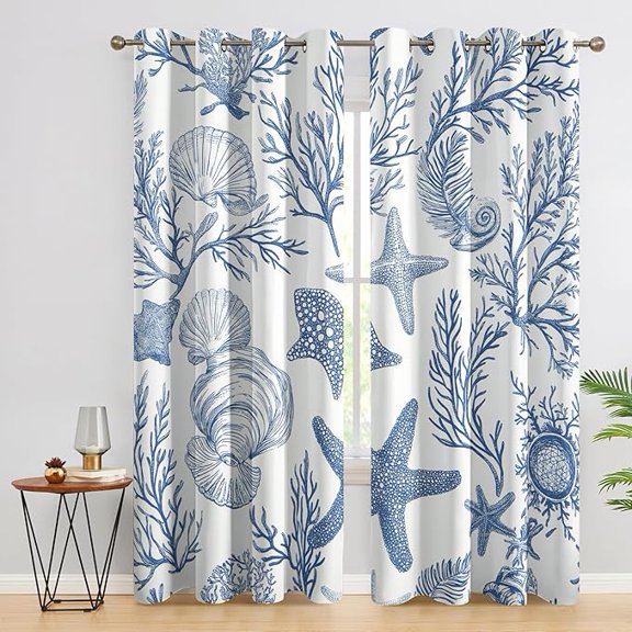 Beach Theme Curtains for Bedroom Decor, Starfish Seashell Coral Pattern Design Blackout Drapes, Beach Theme Curtains for Living Room 42"W x 63"L (Pack of 2)