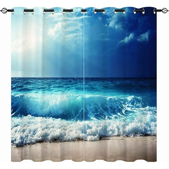 Beach Theme Curtains, Ocean Tropical Summer Hawaiian Blue Sea Waves Scenery Print Pattern Waterproof Grommet Window Drapes for Bedroom Living Room Laundry Room Closet Cafe 2 Panels W52 x L84