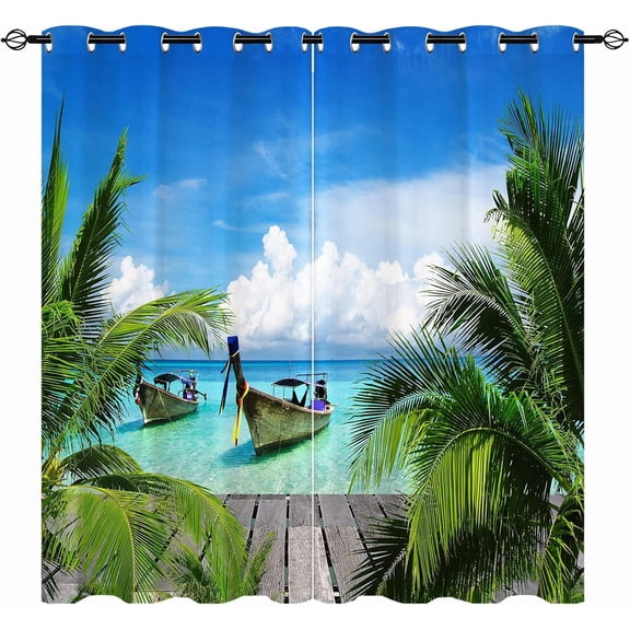 Beach Theme Curtains - Summer Ocean Tropical Sea Hawaiian Coconut Tree Boat Scene Print Pattern Waterproof Fabric Grommet Window Drapes for Bedroom Living Room Dining Room 2 Panels W52 x L63