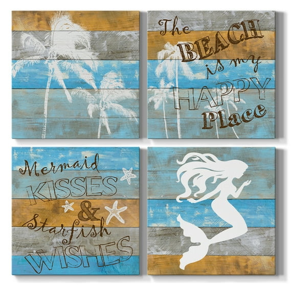 Beach Theme Décor Vintage Canvas Wall Art Set of 4, 24 x 24 inches Each, Great Gift Ideas Bathroom Wall Décor for Cabin, Vacation House, Home Artwork