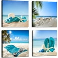 thumbnail image 1 of Beach Theme Decor Bedroom Wall Decor Summer Beach Palms Sandy Beach with Shells Ocean Decor - 4 Panels Framed Artwork Blue Sea Canvas Prints for Living Room Bathroom Home Decor 12x12 inches 4pcs/set, 1 of 6