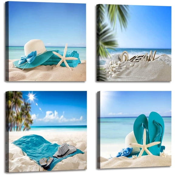 Beach Theme Decor Bedroom Wall Decor Summer Beach Palms Sandy Beach with Shells Ocean Decor - 4 Panels Framed Artwork Blue Sea Canvas Prints for Living Room Bathroom Home Decor 12x12 inches 4pcs/set