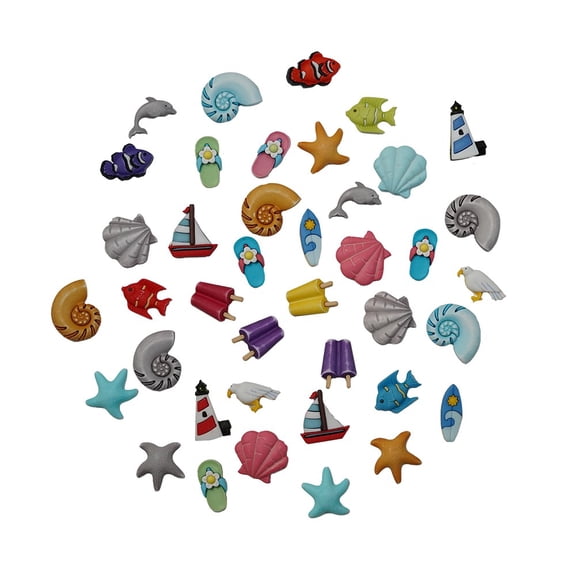 Beach Theme Decorative Buttons, 50-Piece Set, Summer Designs for Sewing, Crafting, Scrapbooking & DIY Projects