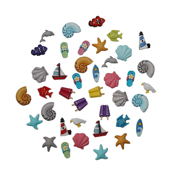 Beach Theme Decorative Buttons, 50-Piece Set, Summer Designs for Sewing, Crafting, Scrapbooking & DIY Projects