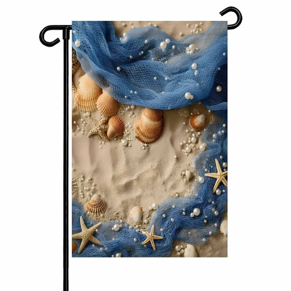 Beach Theme Garden Flag 12x18 Inch Summer Seaside Sand Starfish Pearls Fishing Nets Double Sided Small Decorative Garden Flags for Outside, Outdoor Yard Porch Lawn Decoration