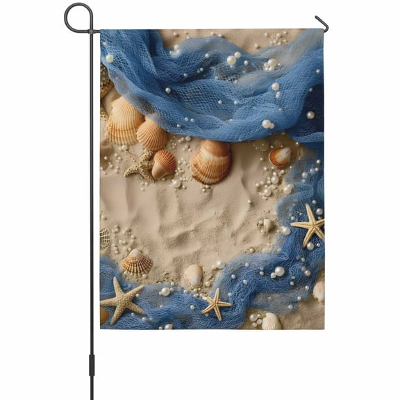 Beach Theme Garden Flags For Outdoor, Summer Seaside Sand Starfish Pearls Fishing Nets Small Double Side Yard Flags Weather Proof Garden Decor for Lawn Outside Holiday 12 x 18 Inches