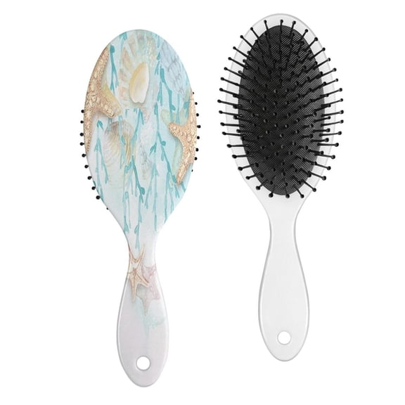 Beach Theme Hair Brush with Nautical Seashell and Coral Prints, Tropical Marine Life and Starfish Paddle Brush for Styling and Detangling