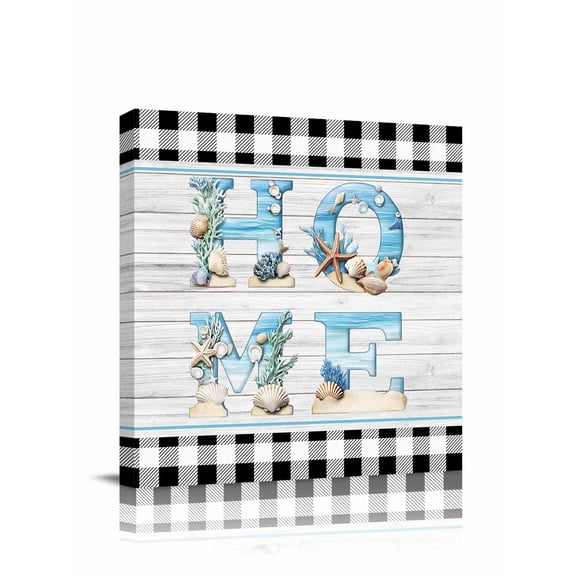 Beach Theme Home Canvas Wall Art, Retro Shell Starfish Wood Grain Black Plaid Framed Wall Decor Modern Artwork Prints Painting for Living Room, Bedroom, Kitchen & Cafe Decor 24x24 Inch