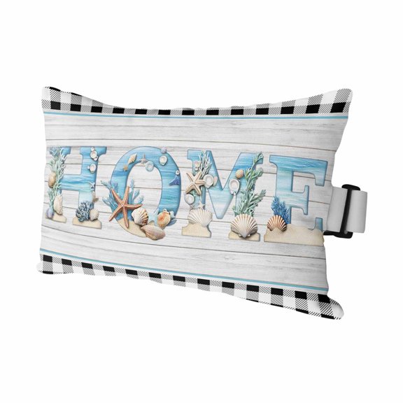 Beach Theme Home Outdoor Chaise Lounge Pillows Retro Shell Starfish Wood Grain Black Plaid Lumbar Pillows with Insert Adjustable Elastic Strap Headrest Pillow for Recliner 1 Pack 12x20 Inch