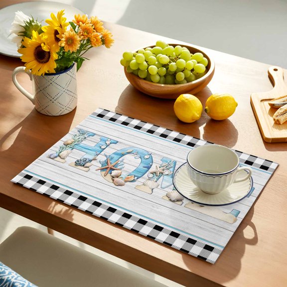 Beach Theme Home Placemats Set of 1, Retro Shell Starfish Wood Grain Black Plaid Non-Slip Place Mats Washable Table Mats for Kitchen Dining Table Decorations Indoor/Outdoor