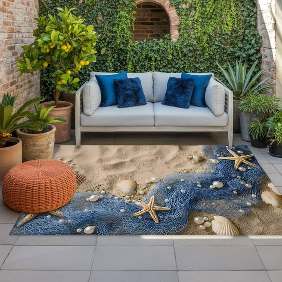 Beach Theme Indoor Outdoor Rugs 4x6 Ft, Summer Seaside Sand Starfish Pearls Fishing Nets Outdoor Patio Rugs Mat Washable Outside Area Rugs Carpet for Porch Deck RV Camping Pool Balcony Backyard