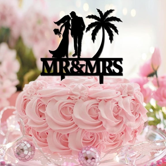 Beach Theme Mr & Mrs Cake Topper Tropical Engagement Script Font Cup Cake Topper for Wedding Nuptial Cake Bunting Decor Customized Rustic Palm Tree Hawaii Ocean Travel Acrylic Black