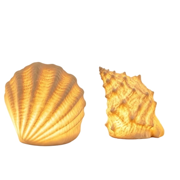 Beach Theme Night Light - 2pc Shell Conch Shaped Lamp, Yellow Glow LED Lamp with Battery Powered Safe Lighting for Nursery, Bedroom, Bathroom Decor, Kids Gift Ready, Christmas, Coastal Home