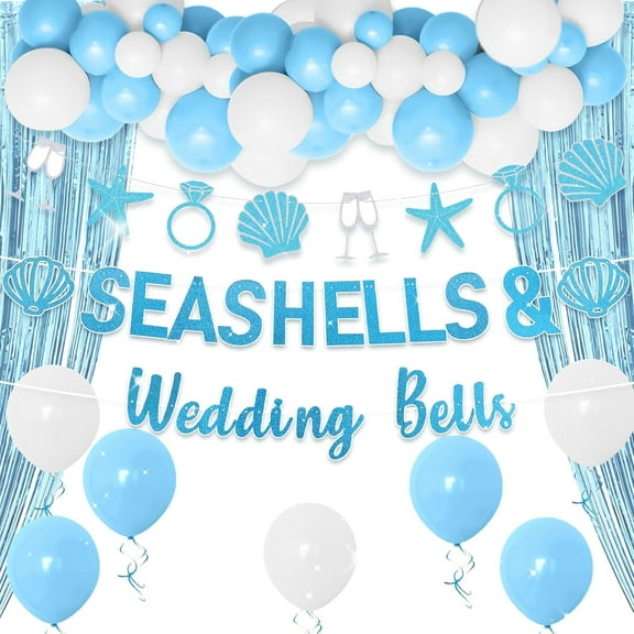 Beach Theme Party Decoration Set - Blue Seashells and Wedding Bells Letter Banner 1 Set Coast Bridal Shower Party Decoration