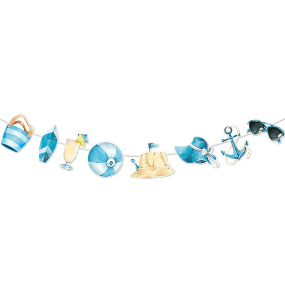 Beach Theme Party Garland Banner, Blue, Summer Nautical Decoration with Sandcastle, Anchor, and Beach Ball Cutouts