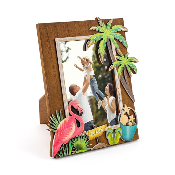 Beach Theme Photo Frame, 3D Flamingo & Palm Tree Wooden Picture Frame, Vintage Distressed Tabletop & Wall Mount Decor, 2 Color Options