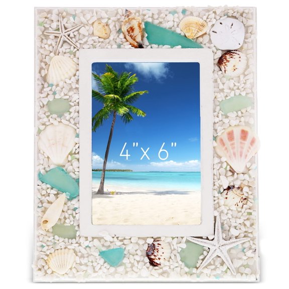Beach Theme Photo Frame with Seashells 4x6 Wood 9.4 Inches