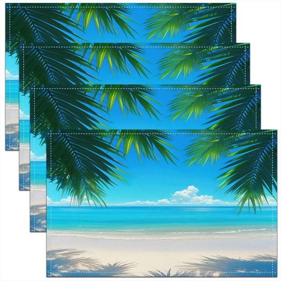 Beach Theme Place Mat for Kitchen Dining Table Party Decor Indoor Outdoor 18"x12" Non-Slip Easy to Clean Coastal Nautical Placemats Set of 4, Starfish Seashell Conch Table Mats Hawaiian Beach