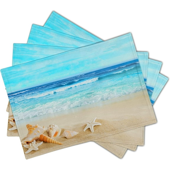 Beach Theme Placemats Set of 4 18" x 12", Summer Ocean Blue Coastal Sea Life Table Mats Heat-Resisting Non Slip Reversible Burlap Coffee Place Mats for Party Dining Table Kitchen Decor and Accessories