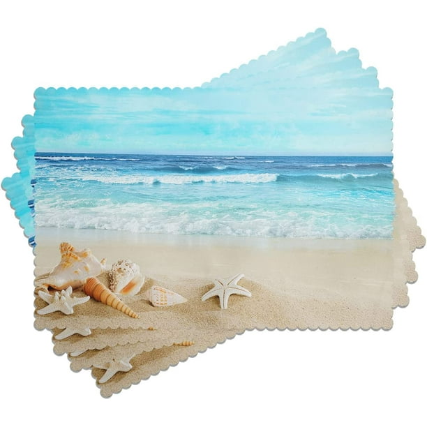 Beach Theme Placemats Set of 4 18" x 12", Summer Ocean Blue Coastal Sea