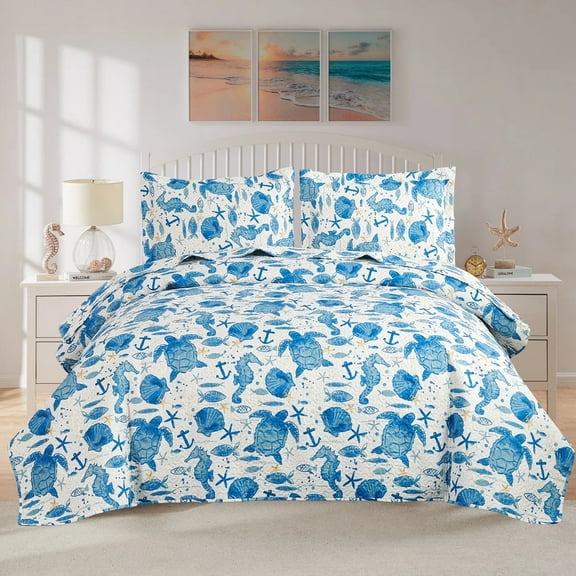 Kebury Beach Theme Quilts Bedding Set Twin Size Lightweight Patchwork Ocean Bedding Sea turtle Printed Coastal Coverlets Blue Scallop Bedspreads (1 Quilt, 2 Pillow Shams)