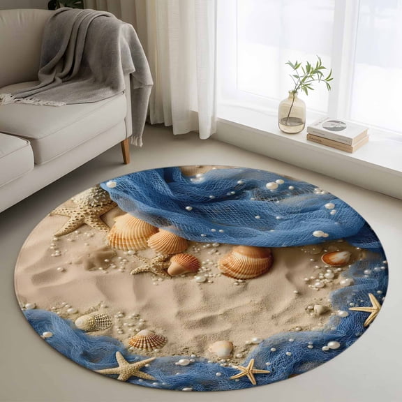 Beach Theme Round Rugs for Living Room 3ft Summer Seaside Sand Starfish Pearls Fishing Nets Non Slip Circle Rug Washable Low-Profile Indoor Carpet for Bedroom, Dining Room, Bathroom
