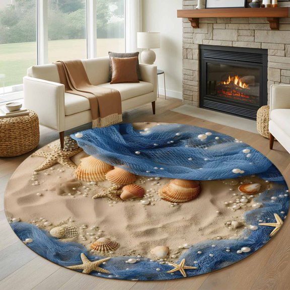 Beach Theme Round Rugs for Living Room 5ft Summer Seaside Sand Starfish Pearls Fishing Nets Non Slip Circle Rug Washable Low-Profile Indoor Carpet for Bedroom, Dining Room, Bathroom
