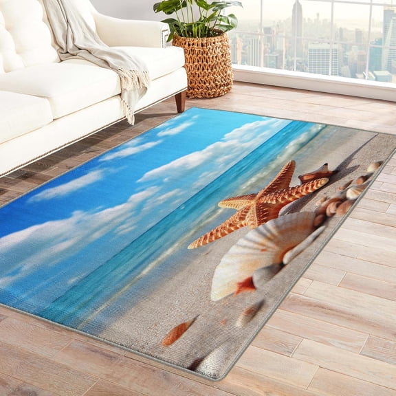 Beach Theme Rug & Home Decor - 3x4 Rug, Coastal Rugs for Entryway Living Room Bedroom, Starfish Seashell Carpet, Washable Non Slip Soft Low Pile Indoor Area Rug & Room Decor