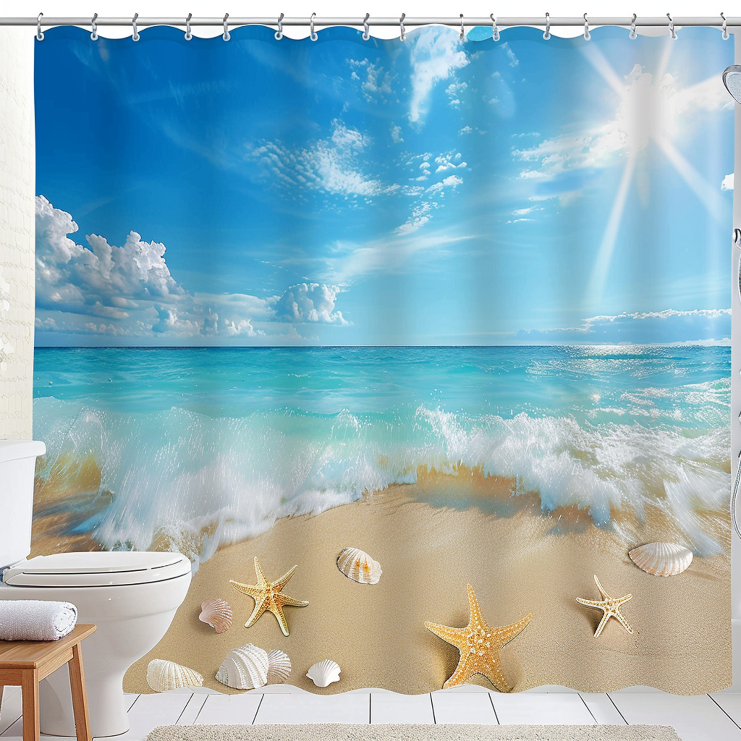 Beach Theme Shower Curtain with Sandy Seashore Design Coastal Charm for