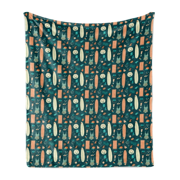 Beach Theme Soft Flannel Fleece Throw Blanket, Retro Design of Summer Items Hawaiian Tropical, Cozy Plush for Indoor and Outdoor Use, 60" x 80", Teal Salmon, by Ambesonne