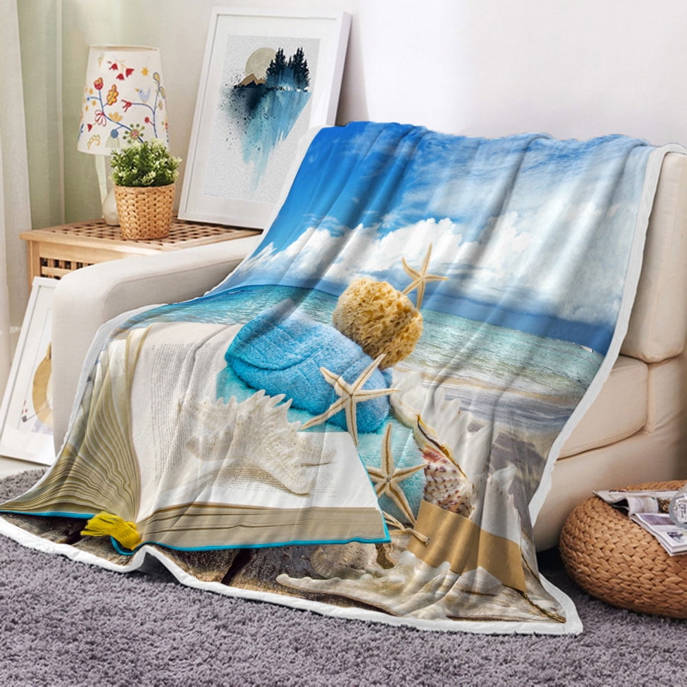 Beach Theme Throw Blanket, Seashell Coastal Conch Sea Wave Rocks Island