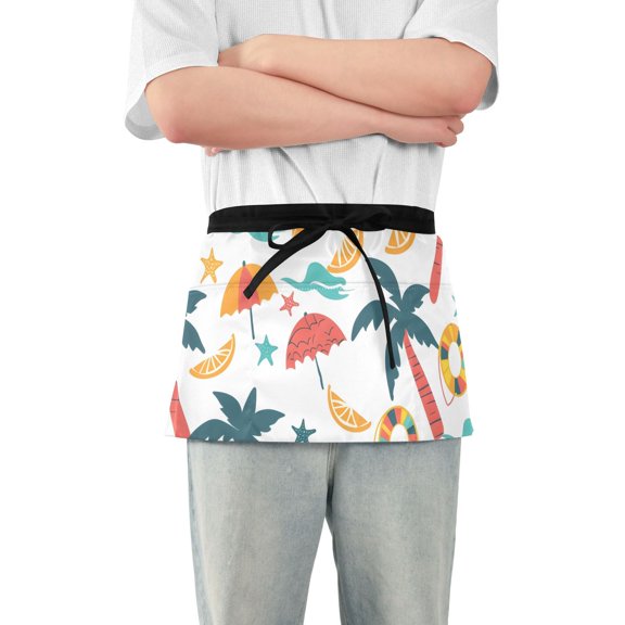 Beach Theme Waist Apron Adjustable Server Half Apron Kitchen Cooking with 3 Pockets for Men Women