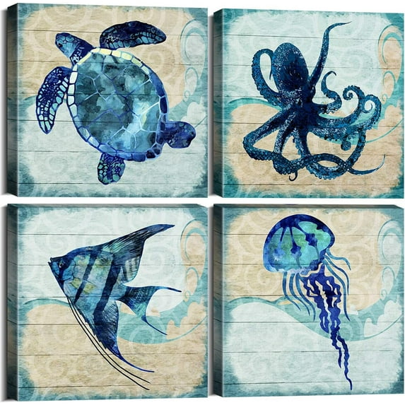 Beach Theme Wall Decor Aqua Blue Sea Turtle Wall Art for Kids Bedroom Bathroom Octopus Jellyfish Angelfish Painting Picture Ocean Fish Animals Canvas Prints Artwork Nursery Home Decoration 16x16 4Pcs