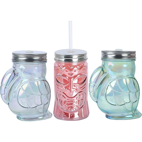 Beach Theme and Tropical Luau Party Glass Toucan Bird and Tiki Pole Mason Jar Cups Set of 3