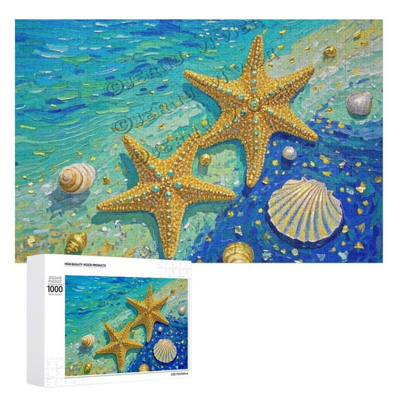 Beach Themed 1000 Piece Wooden Puzzle Starfish and Shells Golden Printed Artistic Puzzle for Adults and Nautical Decor Enthusiasts