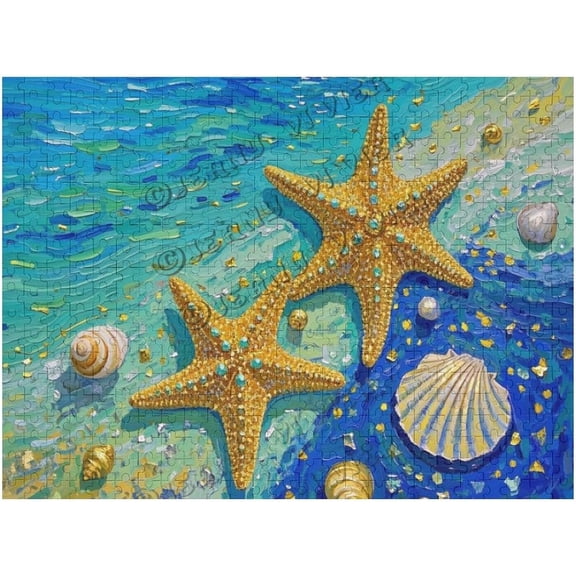 Beach Themed 500 Piece Wooden Puzzle Starfish and Shells Golden Printed Artistic Puzzle for Adults and Nautical Decor Enthusiasts