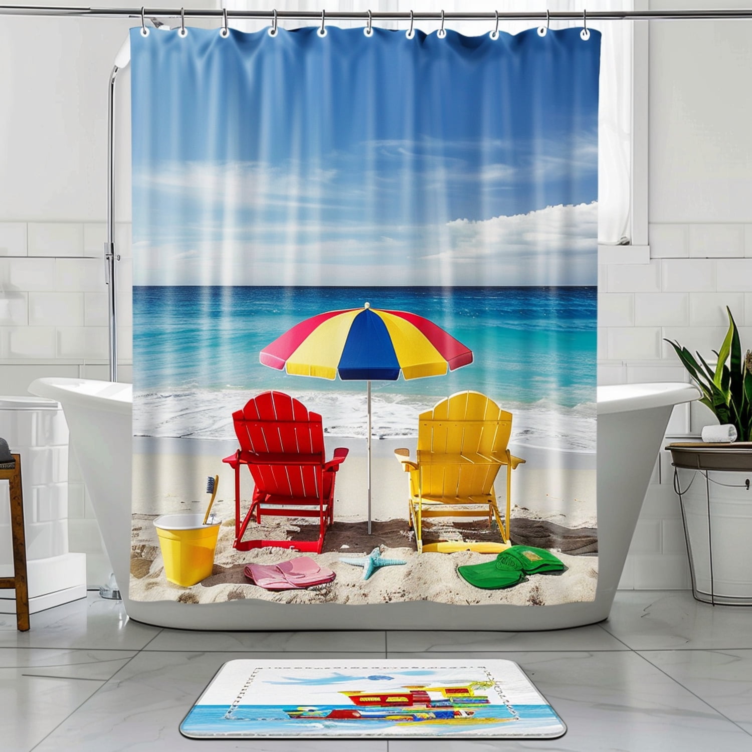 Beach-Themed Bathroom Decor Set with Colorful Chairs Umbrella and Bathtub Perfect for Summer ...