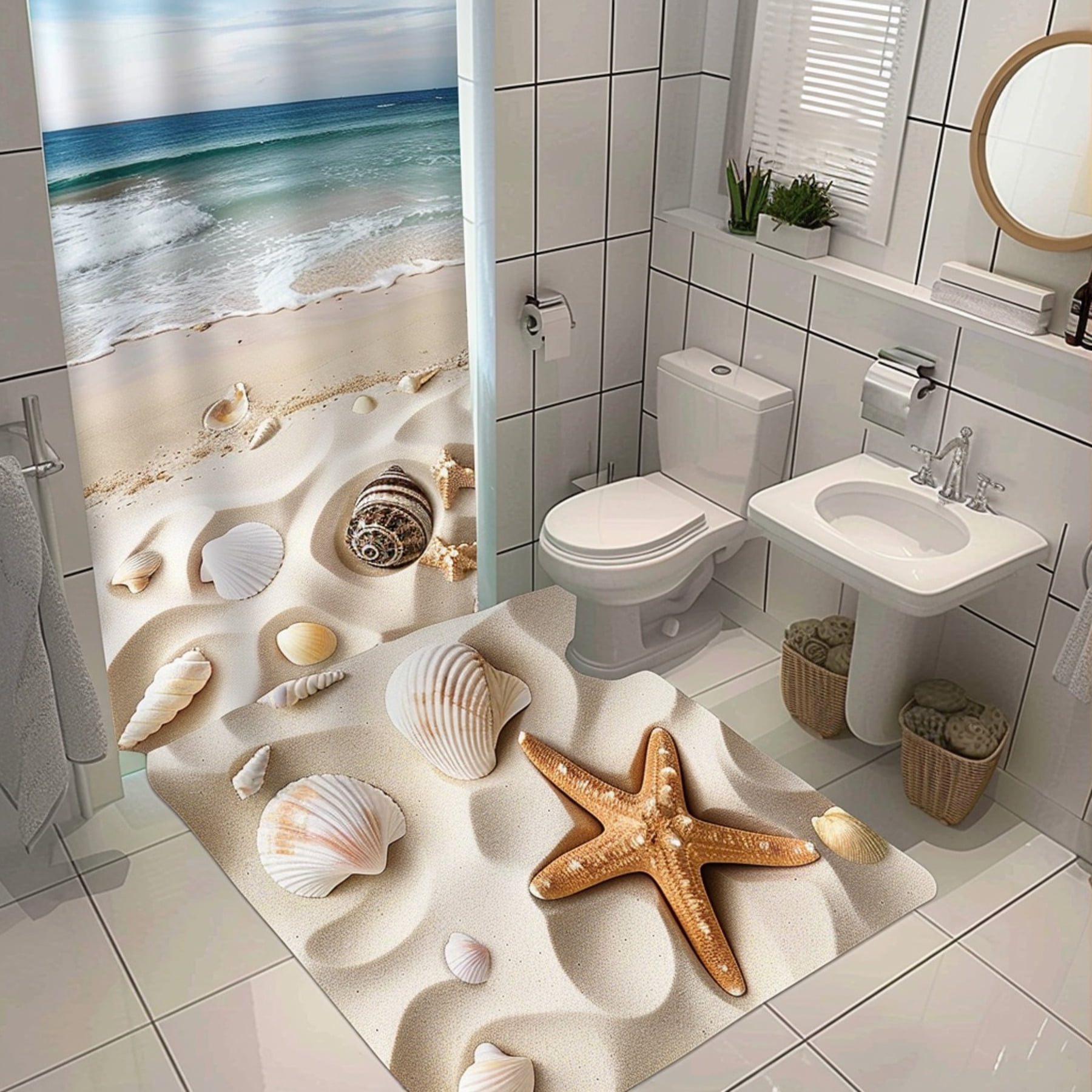 Beach Themed Bathroom Floor with Seashells and Starfish White Tile Walls Sink Mirror Soft Fabric