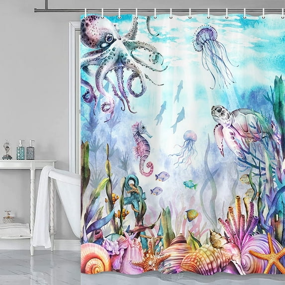 Beach Themed Blue Ocean Seaworld Marine Life Bath Curtains, Nautical Shower Curtain for Bathroom, Funny Cute Turtle Octopus Sea Horse Coral Star Conch Fish Shower Curtain Sets with Hooks